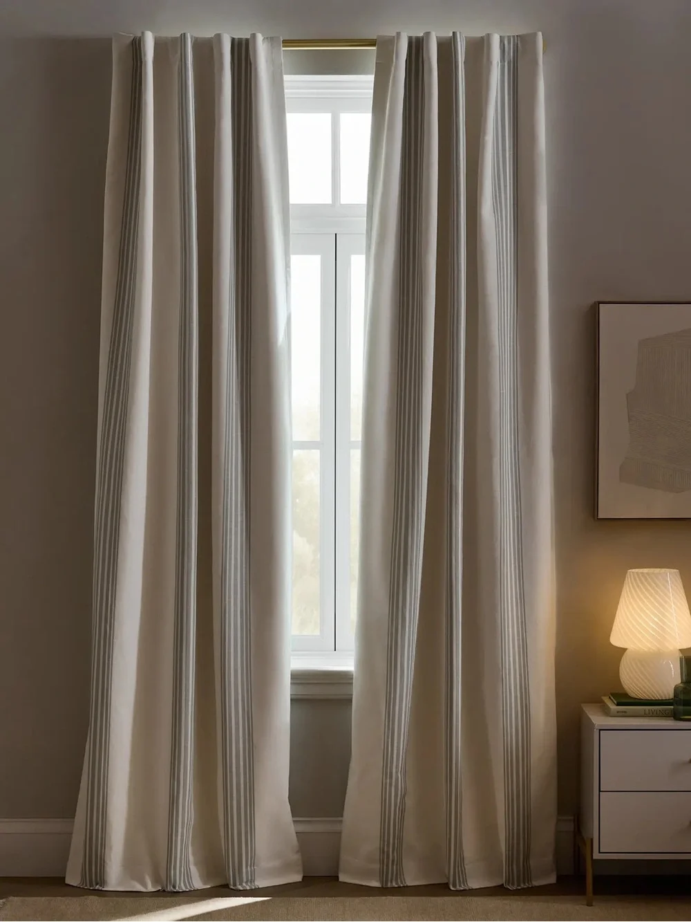QUINCE Set 2 48x96 Coastal Stripe Sage Linen Cotton True Blackout Curtains 9225